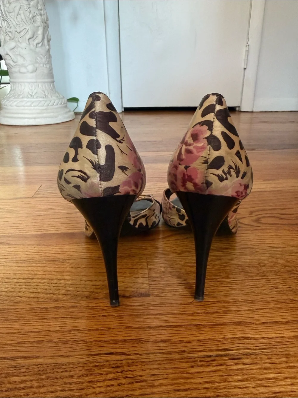 Carlos Santana Leopard Print Open-Toe Pumps with Pink Rose Accent